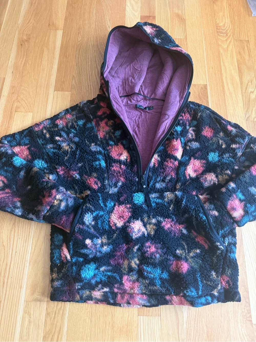 Prana Women's Black Floral Plush Hooded Pullover with Pink & Teal Accents